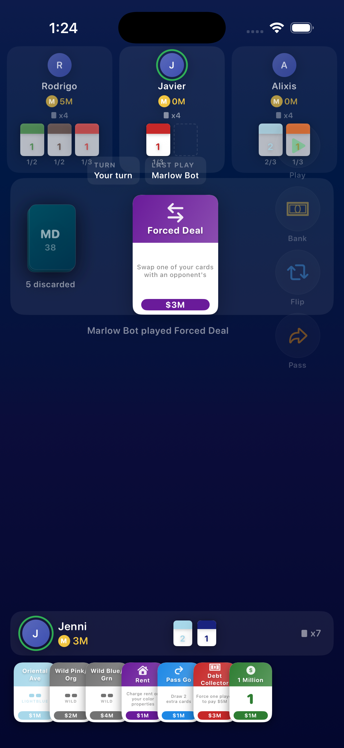 Card Mogul gameplay showing a Forced Deal action card being played